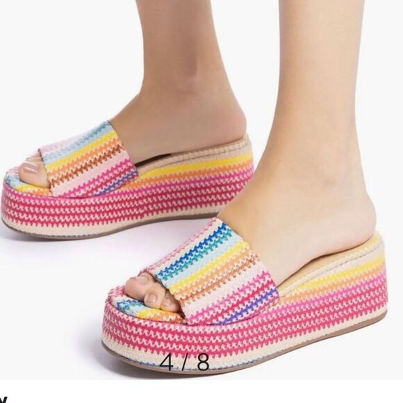 Larroude Alex Platform Mule In Rainbow Raffia! - Picture 5 of 7